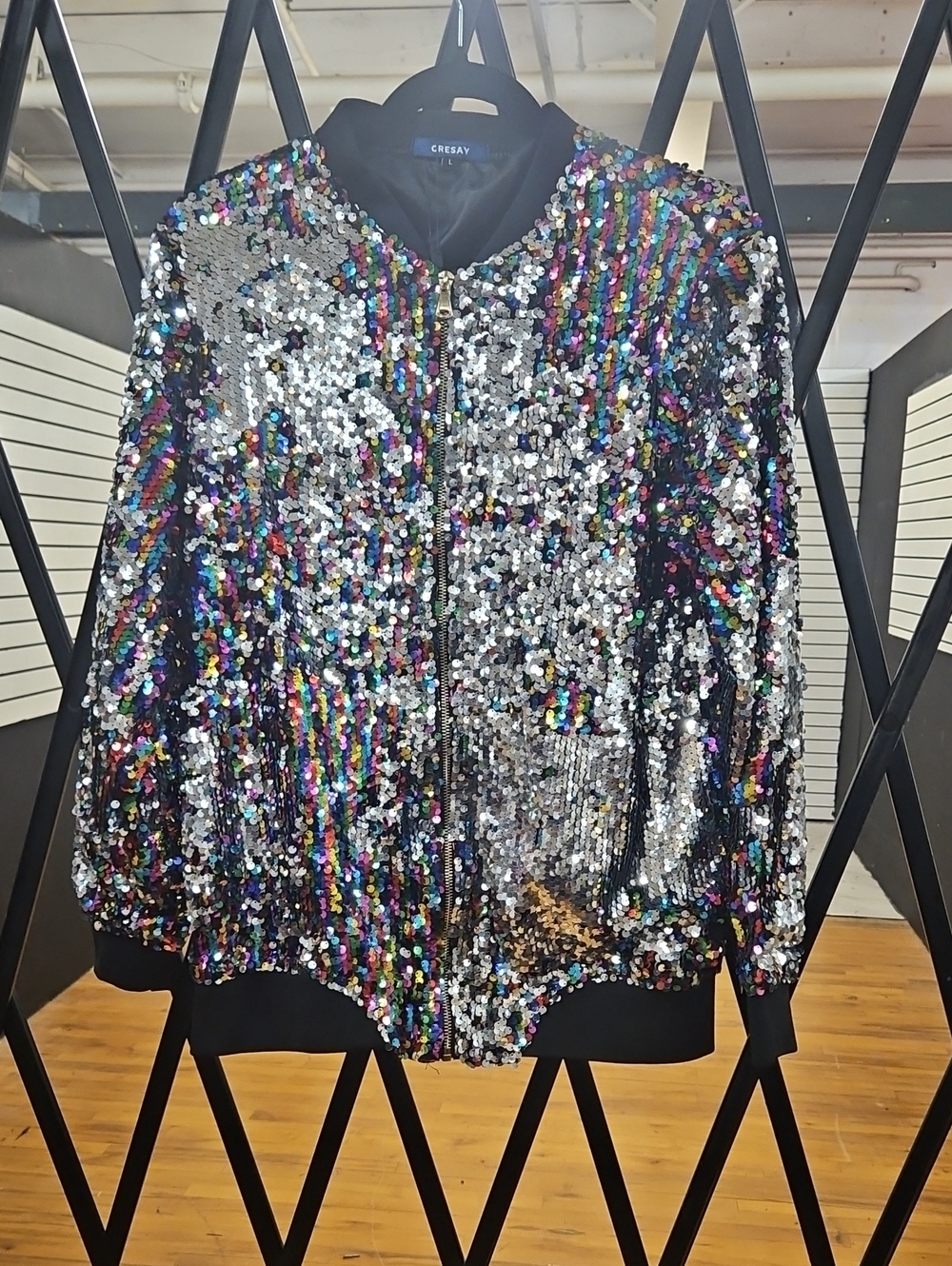 RESA Black and Silver Multicolor Sequin Bomber Jacket